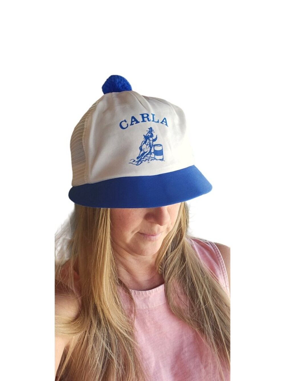 Vintage 70/80s Carla Barrel Racer Trucker Hat Rodeo Western Snapback Pom Pom Cap